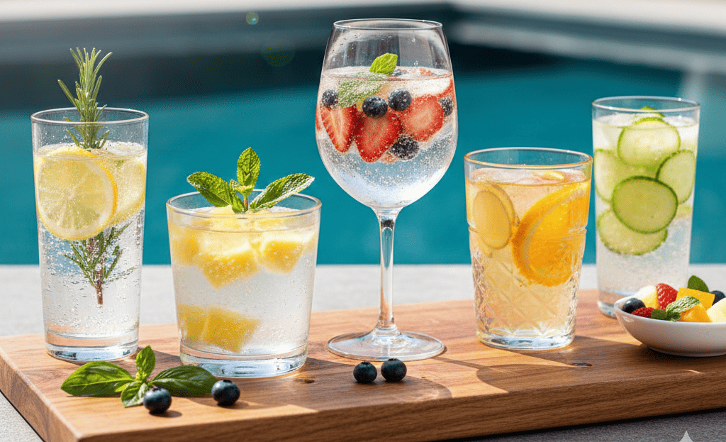 Água com gás saborizada com frutas e ervas, visual refrescante