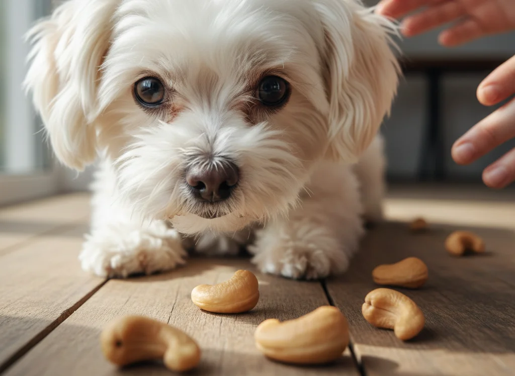Cachorro comendo castanha-de-caju