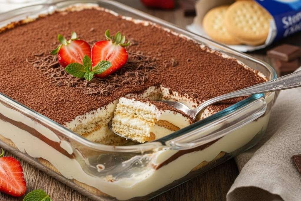 Pavê Descomplicado da Vovó, sobremesa cremosa com cacau e morangos