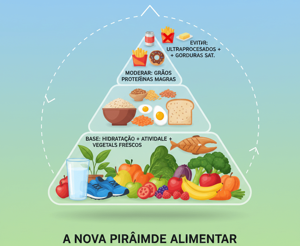 Nova Pirâmide Alimentar comparada com a antiga pirâmide