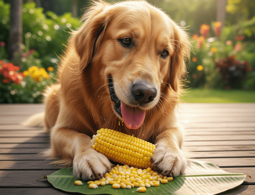 Cachorro olhando para milho na espiga