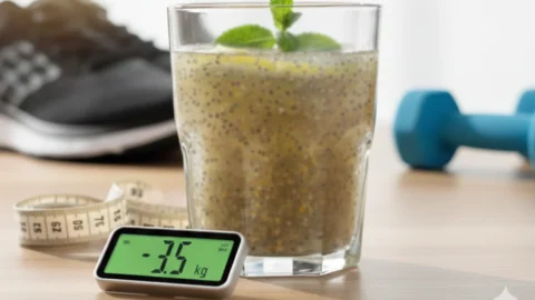 Copo com bebida de chia e limão para emagrecimento natural e saciedade.